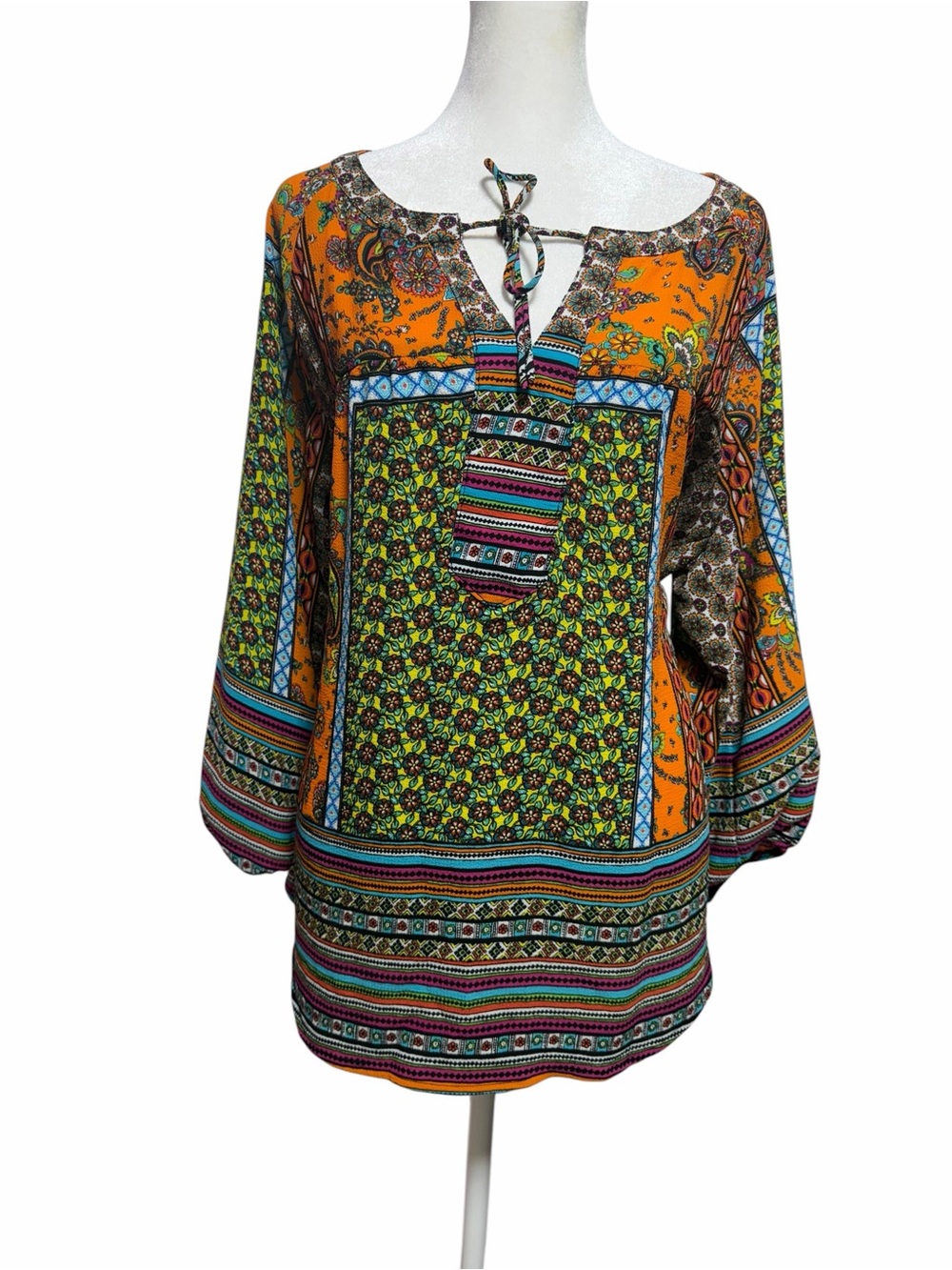 New Directions Boho Patchwork Print Tie Neck Peasant Top Size L